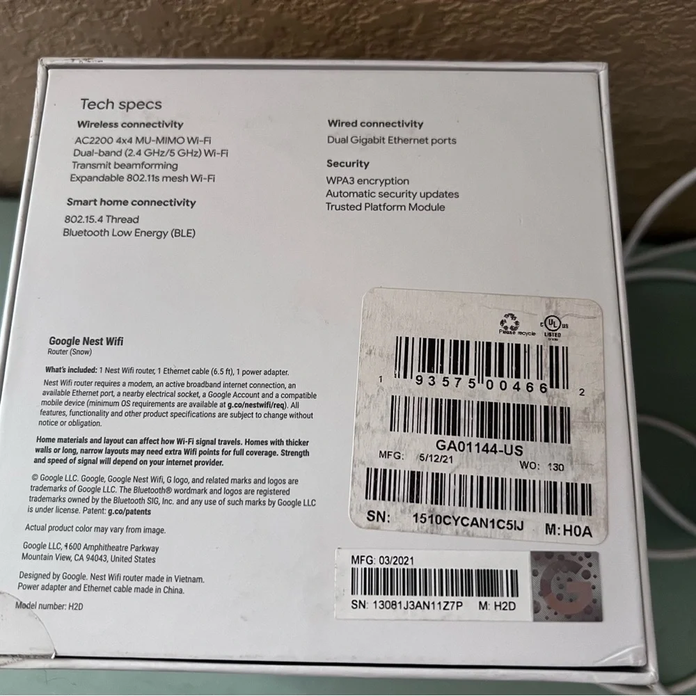 New in box Google Nest Mesh WiFi AC2200 H2D 2200 square feet of coverage - Picture 4 of 6